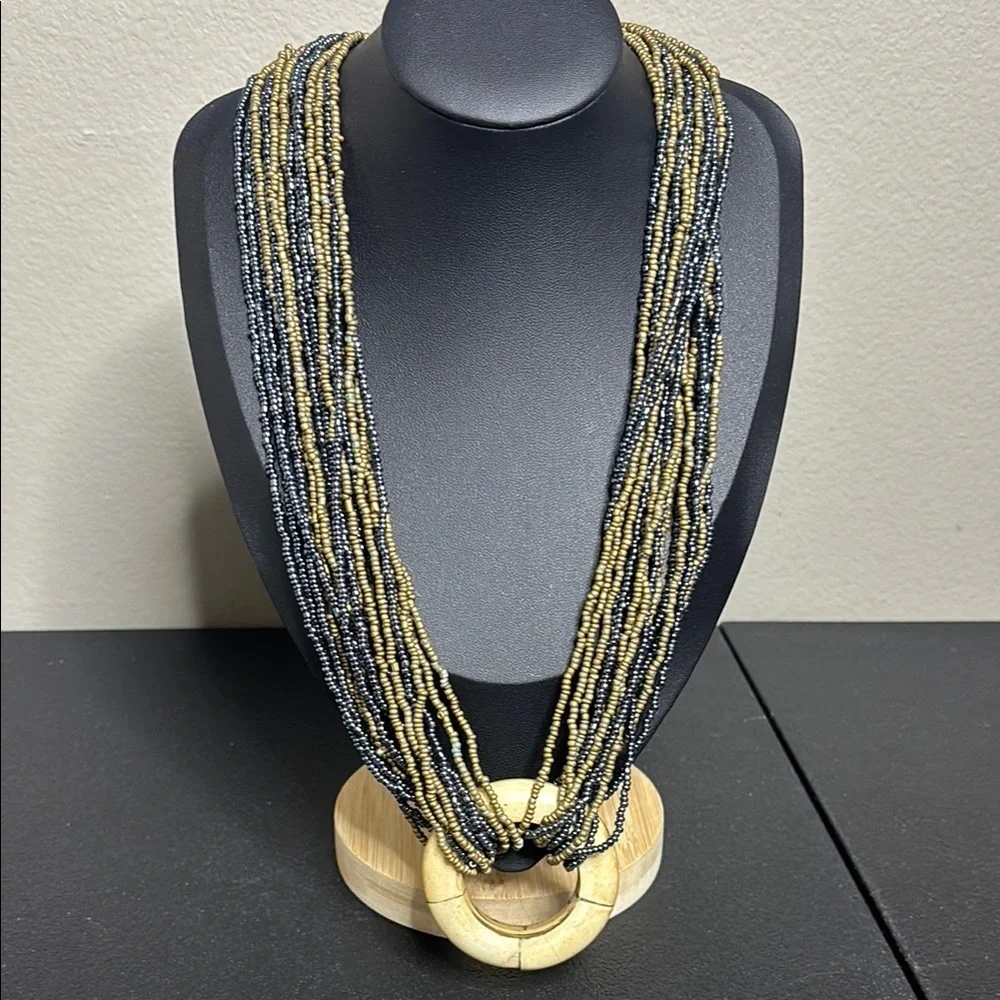 Vintage Bone Pendant Multi-Strand Beaded Statement Necklace